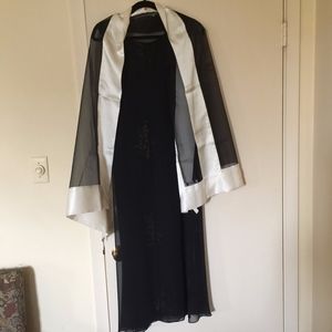 Black Silk Dress with Black and White Scarf